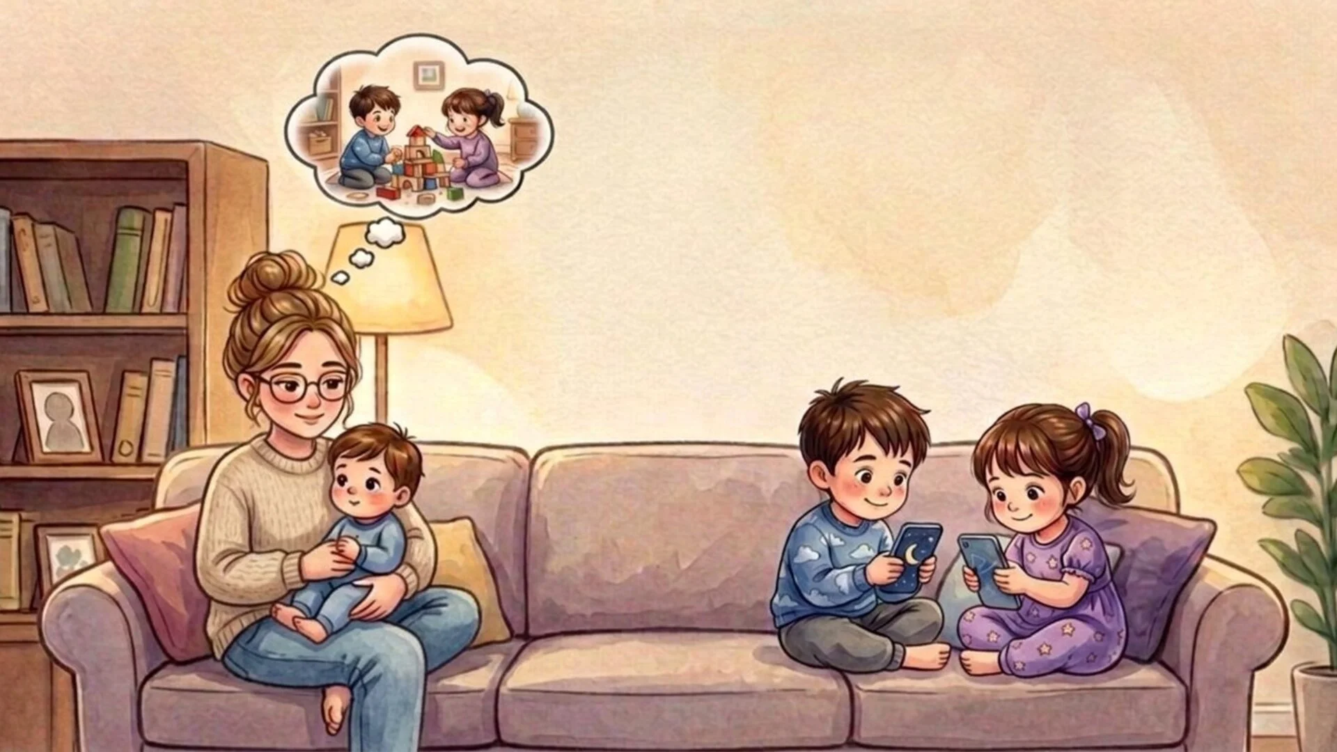 Mother with a young child while two children explore technology