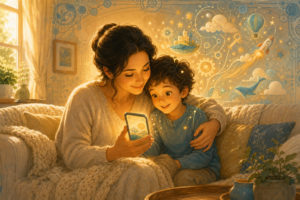 a child and a mother sharing a mobile for playing games