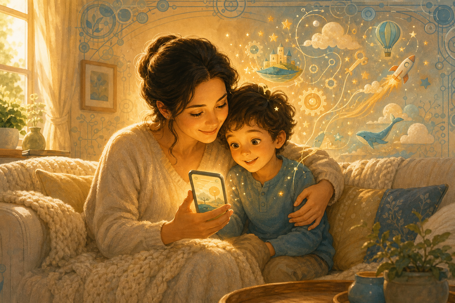 a child and a mother sharing a mobile for playing games