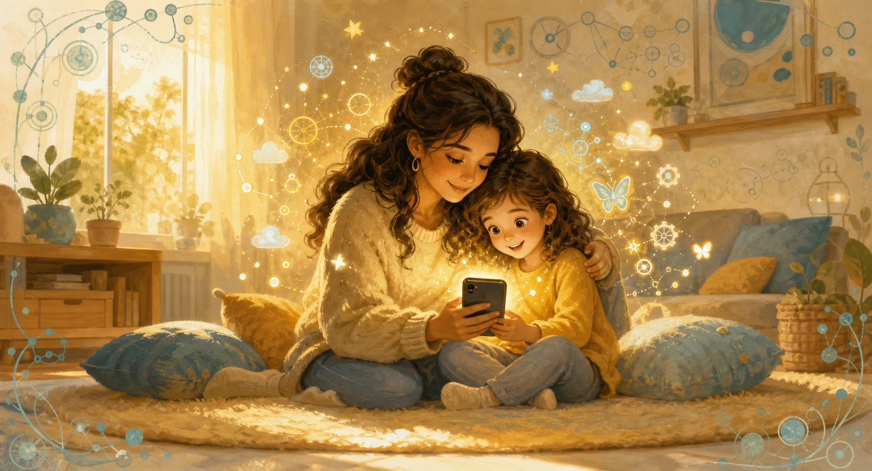 Child and mother sharing a smartphone for learning