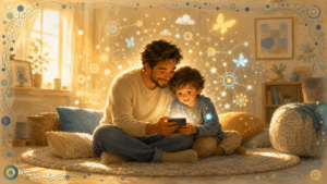 Father and child sharing smartphone for learning
