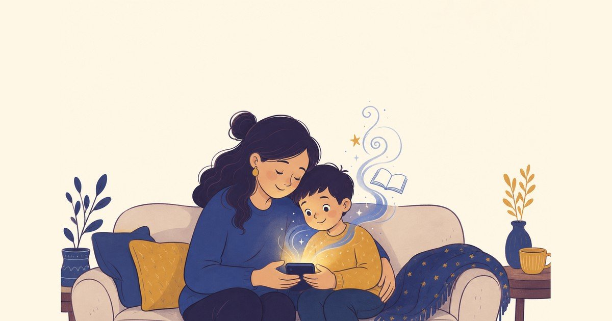 mother and child sharing mobile phone for learning
