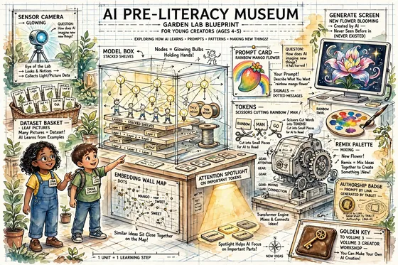 Blueprint Museum garden lab with sensor camera, dataset basket, model box nodes network layers weights signals, prompt card, tokens, embedding map, attention spotlight, transformer engine, generate screen new flower, remix palette, authorship badge Lina+AI, golden key to Volume 3
