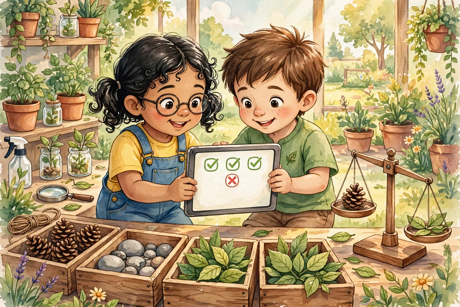 Lina and Omar testing tablet with new leaves, checking accuracy chart, noticing bias, four bins with fairness balance