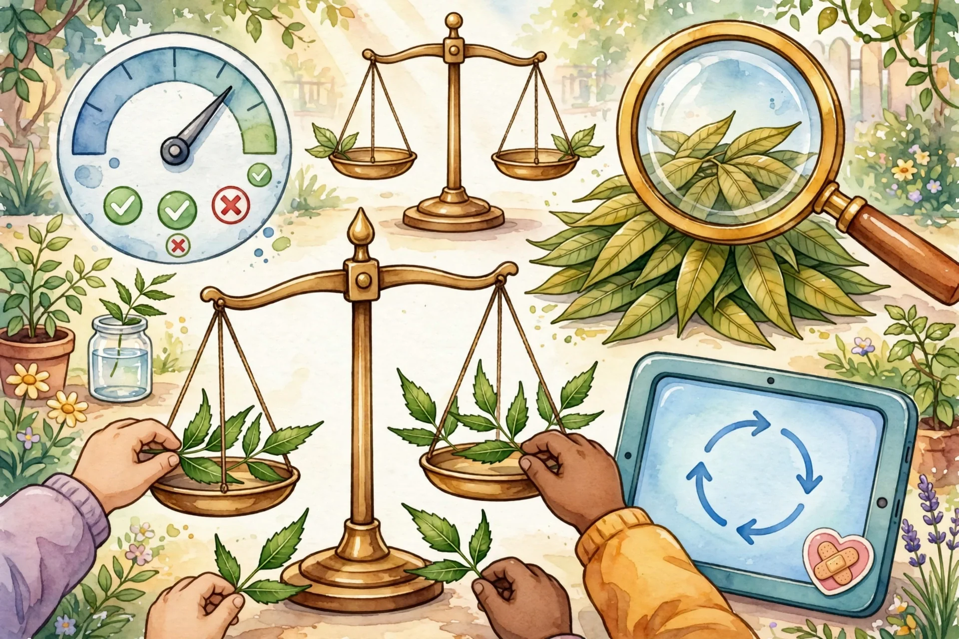 Close-up of fairness scale, accuracy meter, bias magnifier, Lina and Omar adding balance with more neem leaves, sharing report