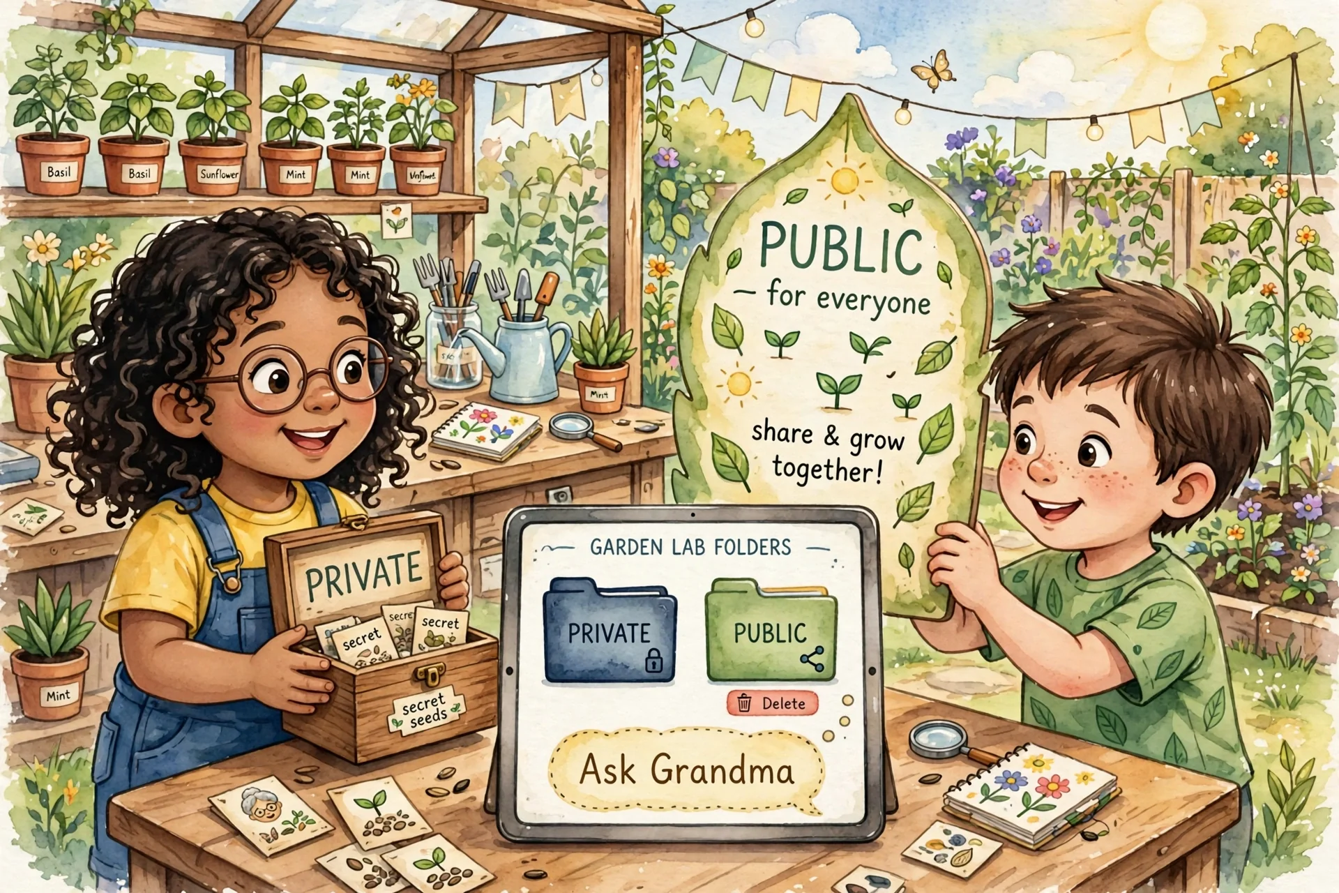 Lina and Omar in garden lab with private box for secret seeds, public leaf board, tablet showing delete consent