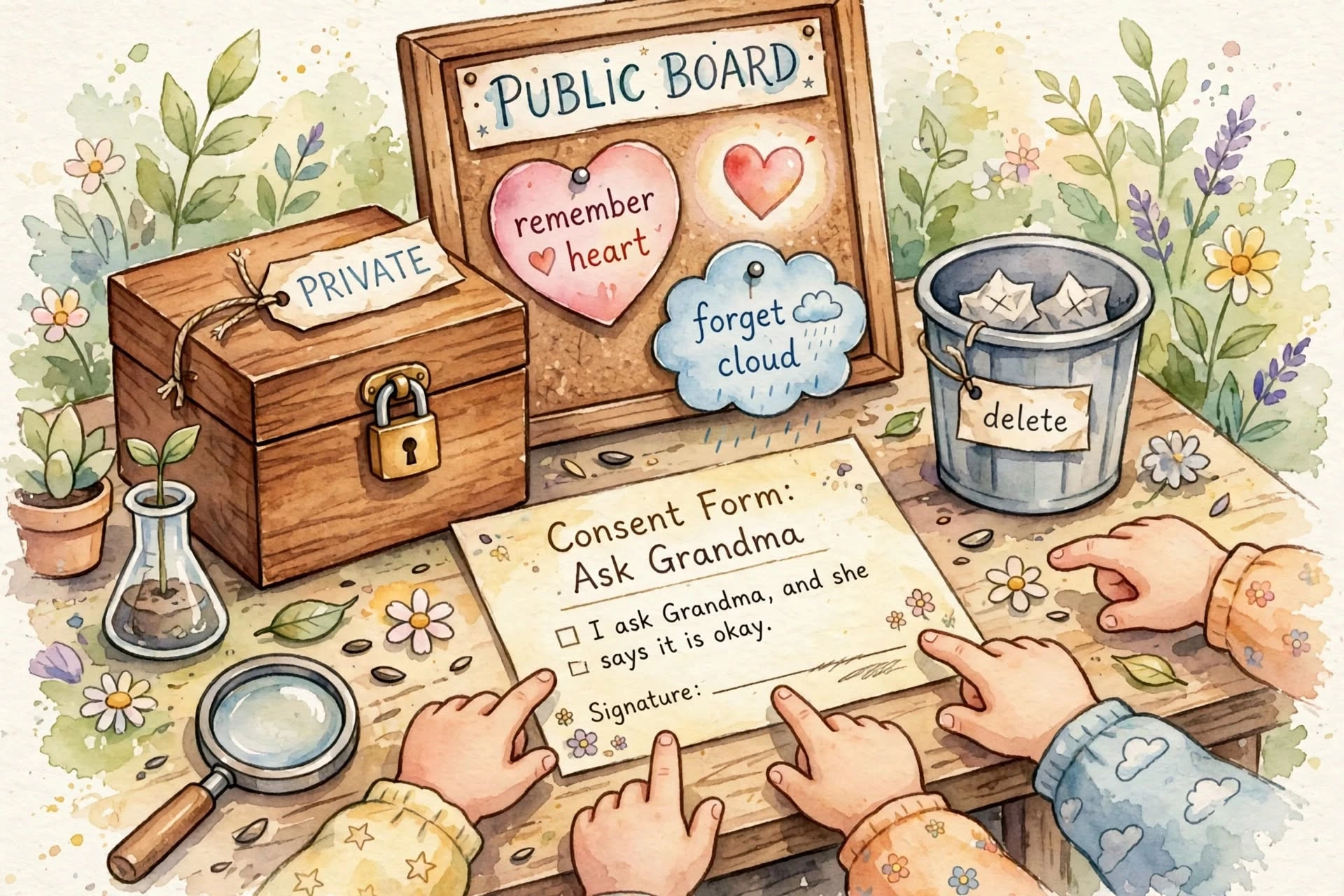 Close-up private box and public board, consent forms, delete button, remember heart, Lina and Omar deciding
