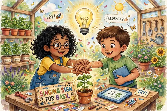 Lina and Omar and tablet as team creating singing garden sign