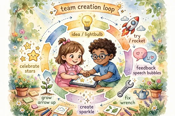 Close-up team hands, idea lightbulbs, feedback loop, create tools, grow chart, celebrate