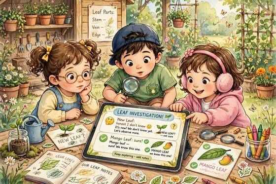Lina and Omar with tablet showing unsure and sure faces, curly tamarind leaf, honest badge