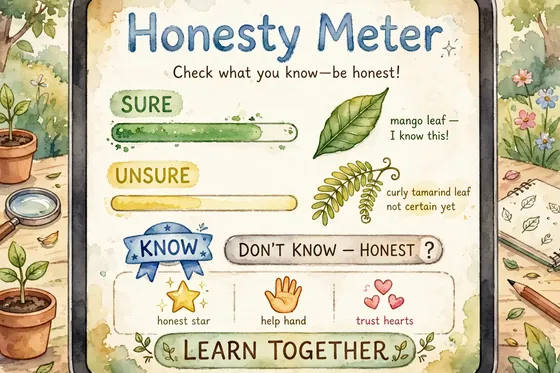 Close-up tablet honesty meter, sure green and unsure yellow, don't know button, help ask, trust hearts