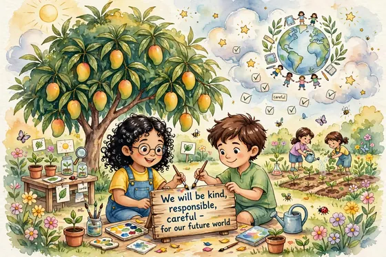 Lina and Omar under mango tree making garden promise sign for future world, kind and responsible