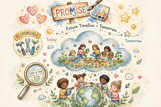 Close-up promise sign, kind hearts, responsible badge, future timeline, hope stars, dream clouds, careful checks, world globe