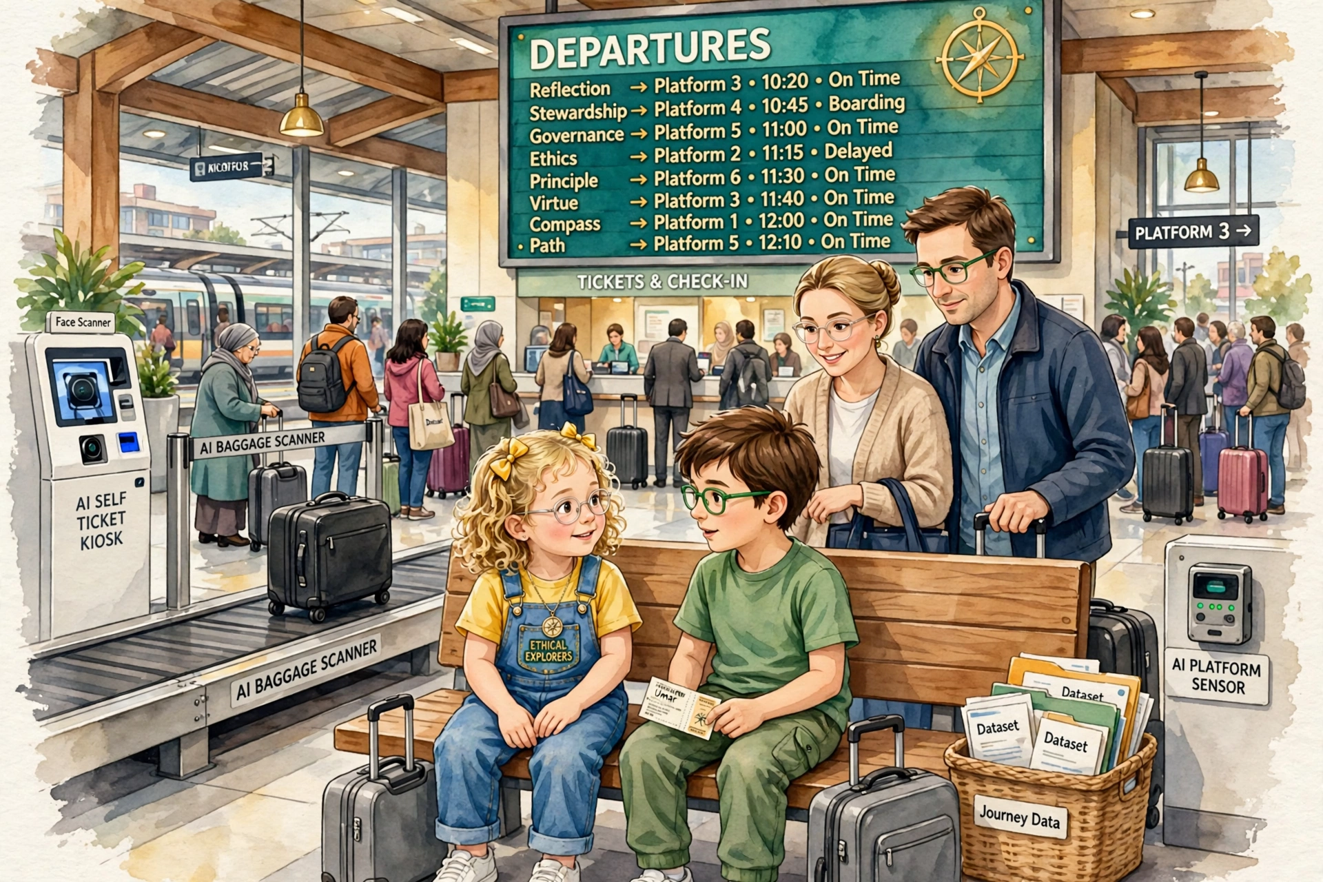 Railway station lounge with passengers Lina Umar parents ticket kiosk baggage scanner departures board