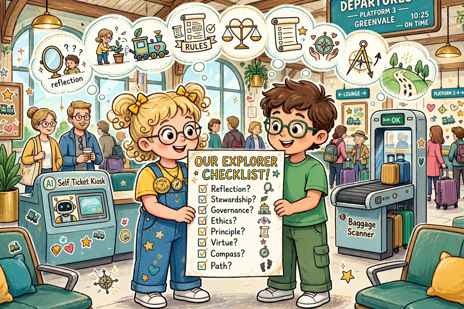 Children drawing railway station checklist playful