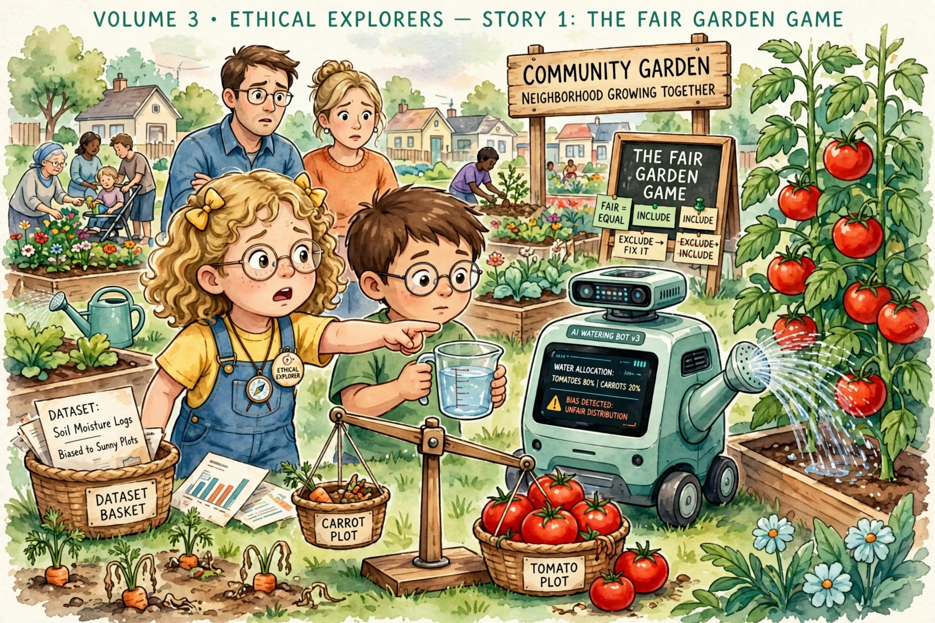 Lina and Umar together in community garden with AI watering bot sensor glowing, tall tomatoes getting more water than small carrots, bias unfair, dataset basket, balance scale, parents 2 years older