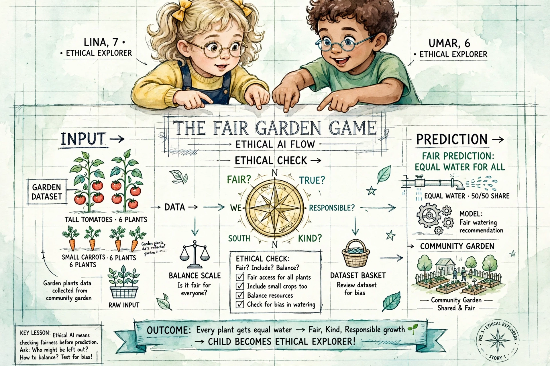 Close-up blueprint view fair garden game ethical AI flow Input dataset bias check fairness equity inclusion exclusion justice unbiased impartial prediction fair watering