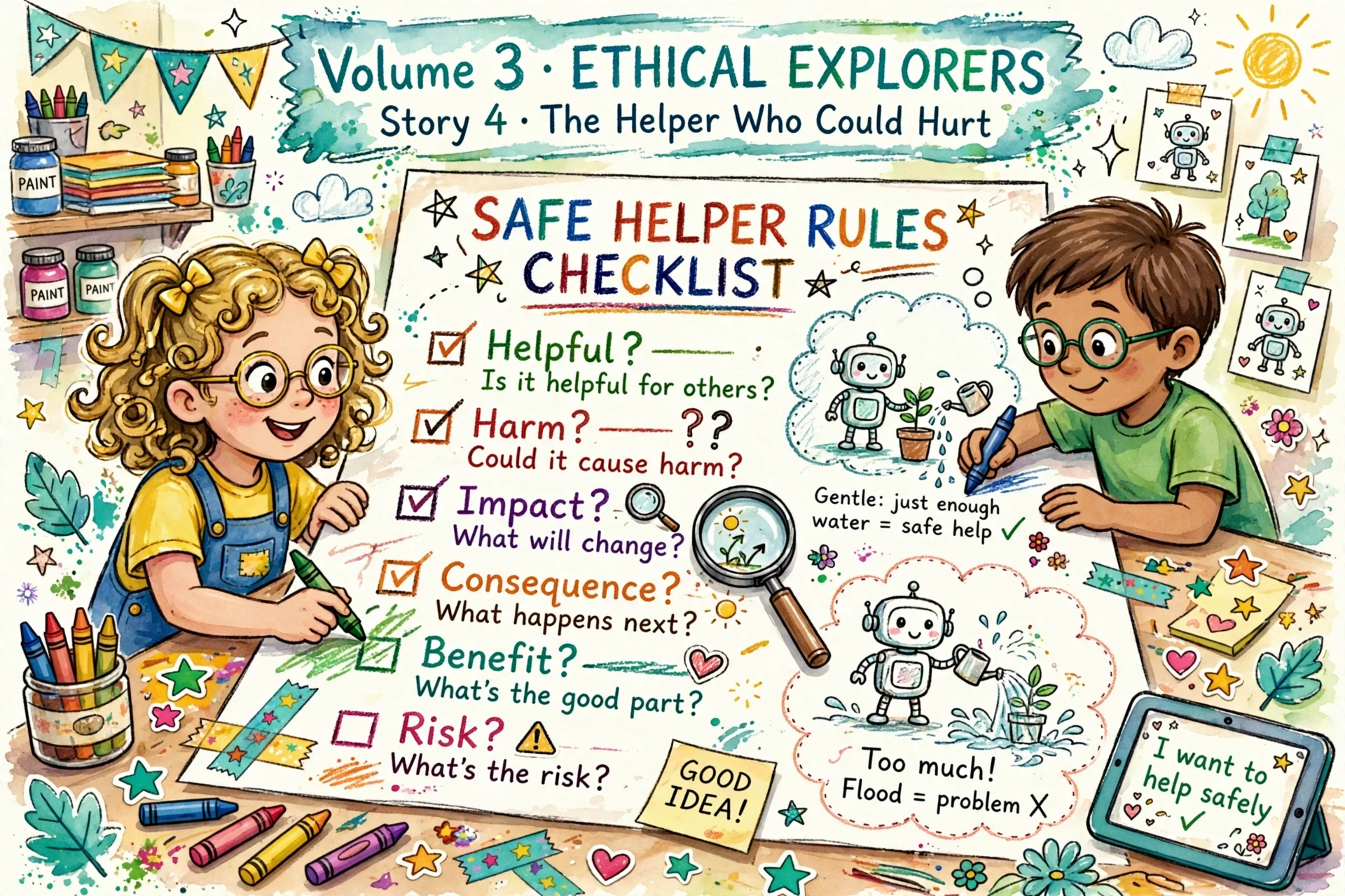 Children drawing safe helper rules playful