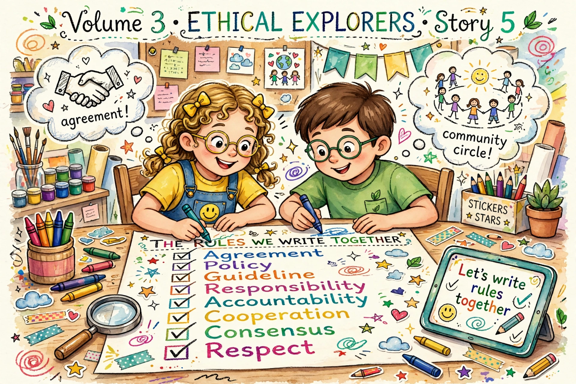 Children drawing rules together playful