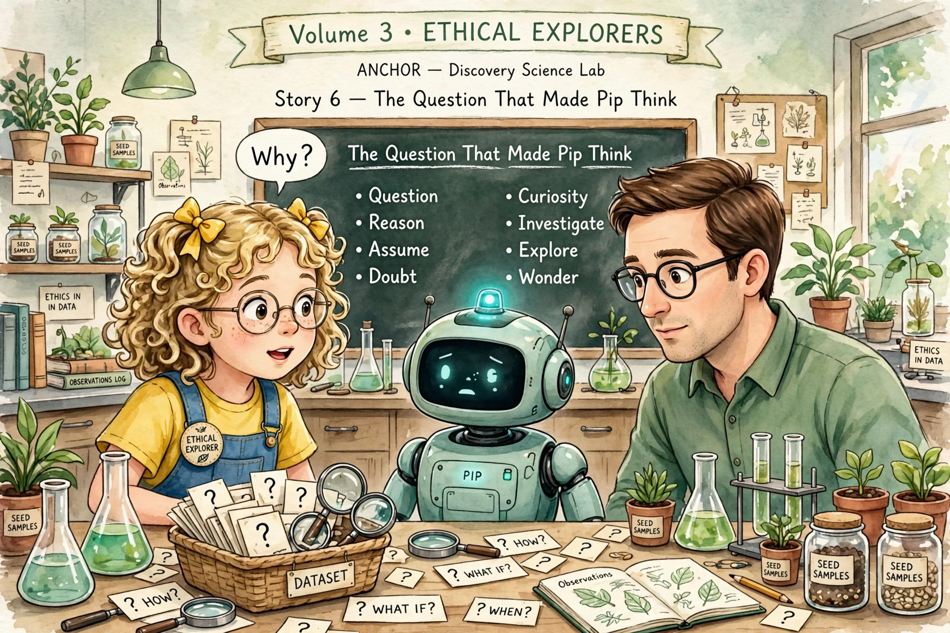 Lina asking Why to robot Pip in discovery lab