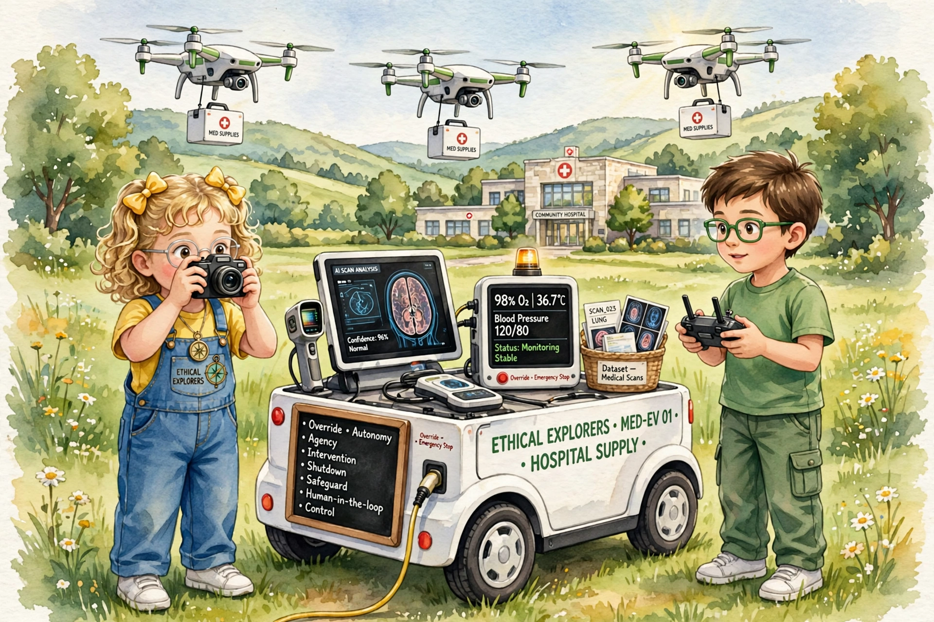 Lina 6 Umar 7 almost equal outside hospital drones MED-EV 01 AI gadgets diagnostic tablet vital monitor