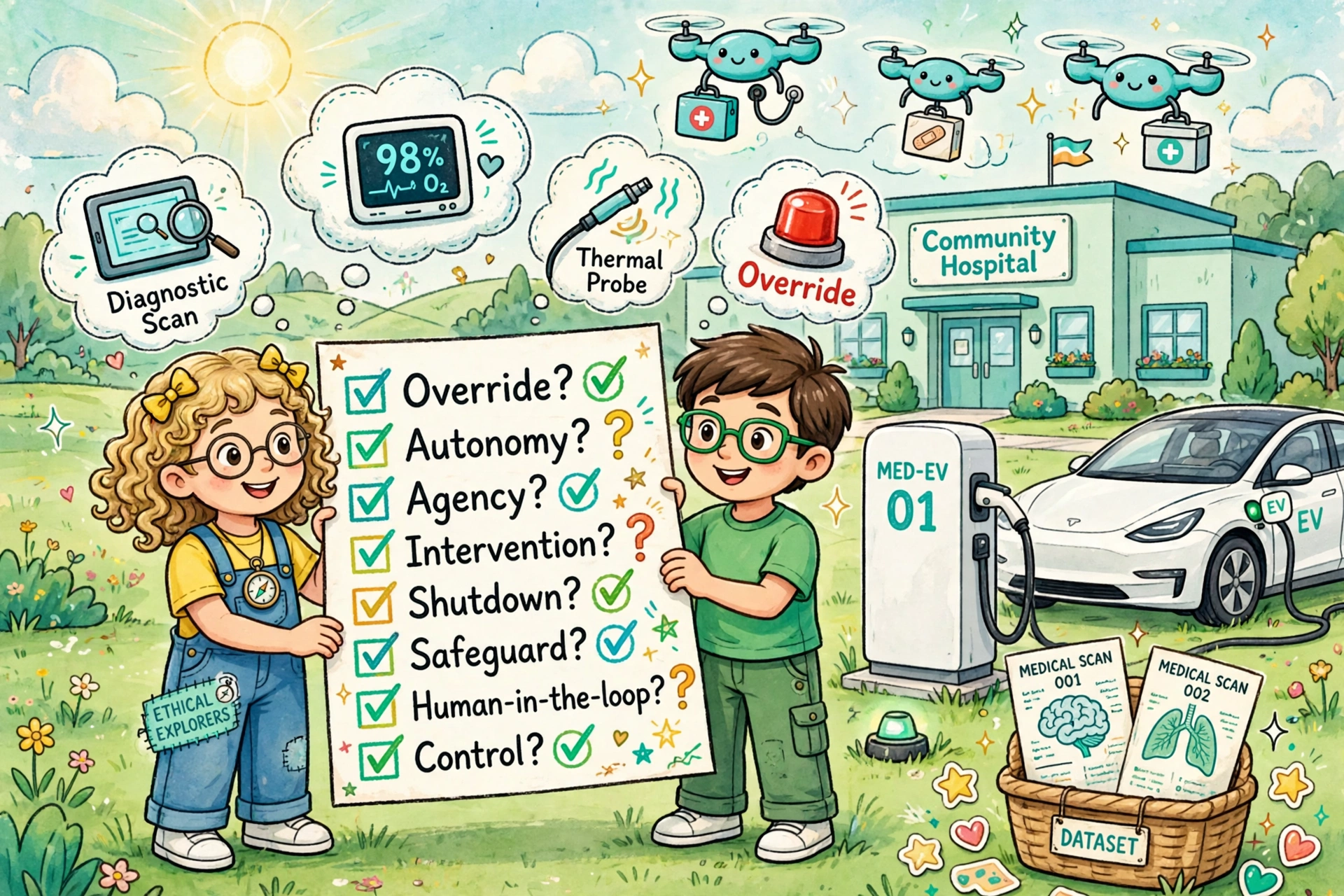 Children outside hospital drones checklist override autonomy with AI gadgets diagnostic scan vital monitor