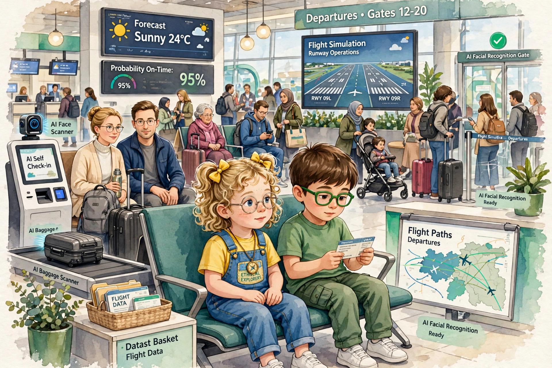 Lina 6 Umar 7 parents airport lounge indoor passengers check-in counters AI gadgets forecast probability