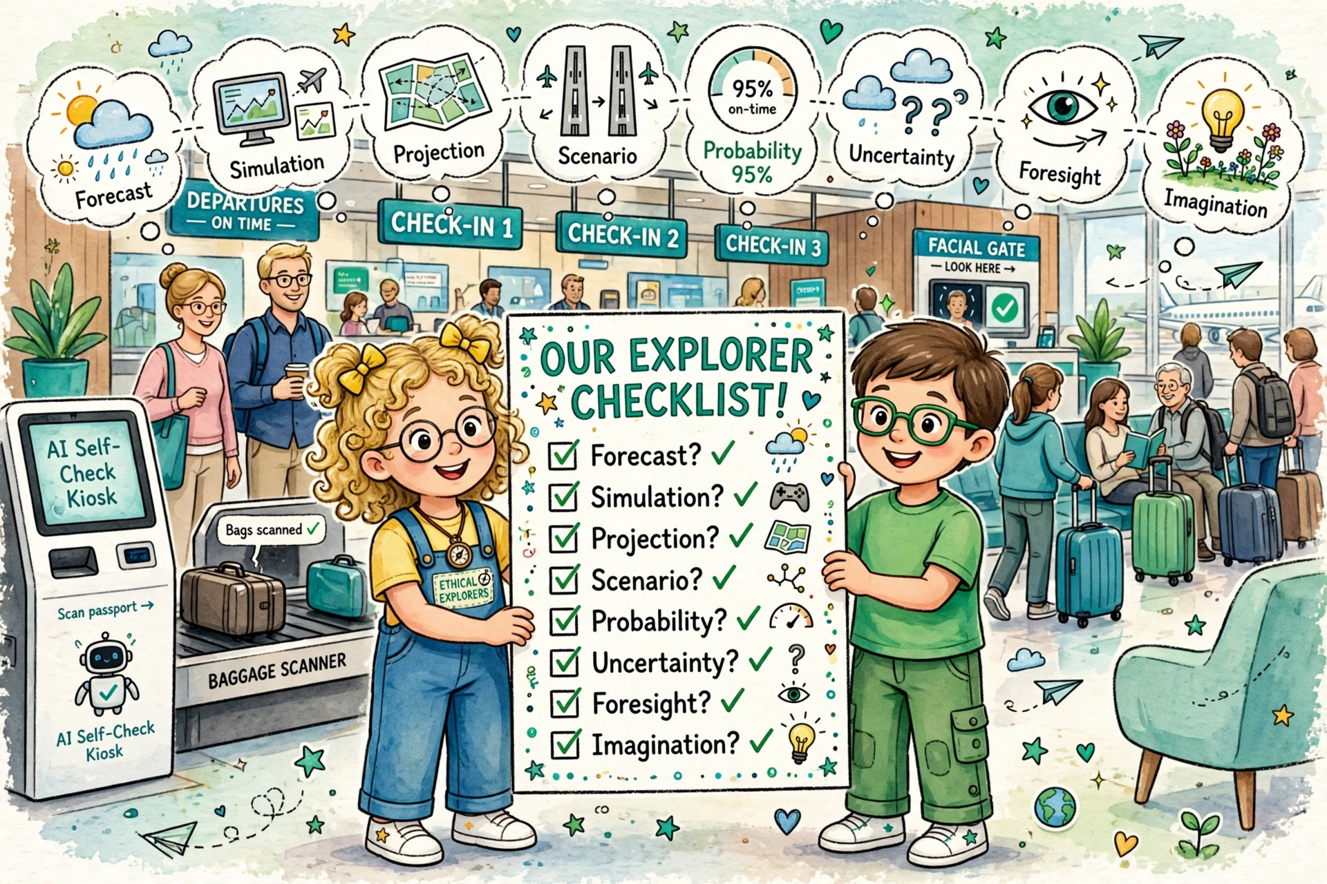 Children parents airport lounge checklist forecast simulation projection scenario with AI gadgets